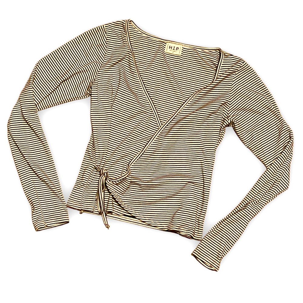 Y2K Striped Crossover V-Neck Tie Top, Cream & black striped, Size Small